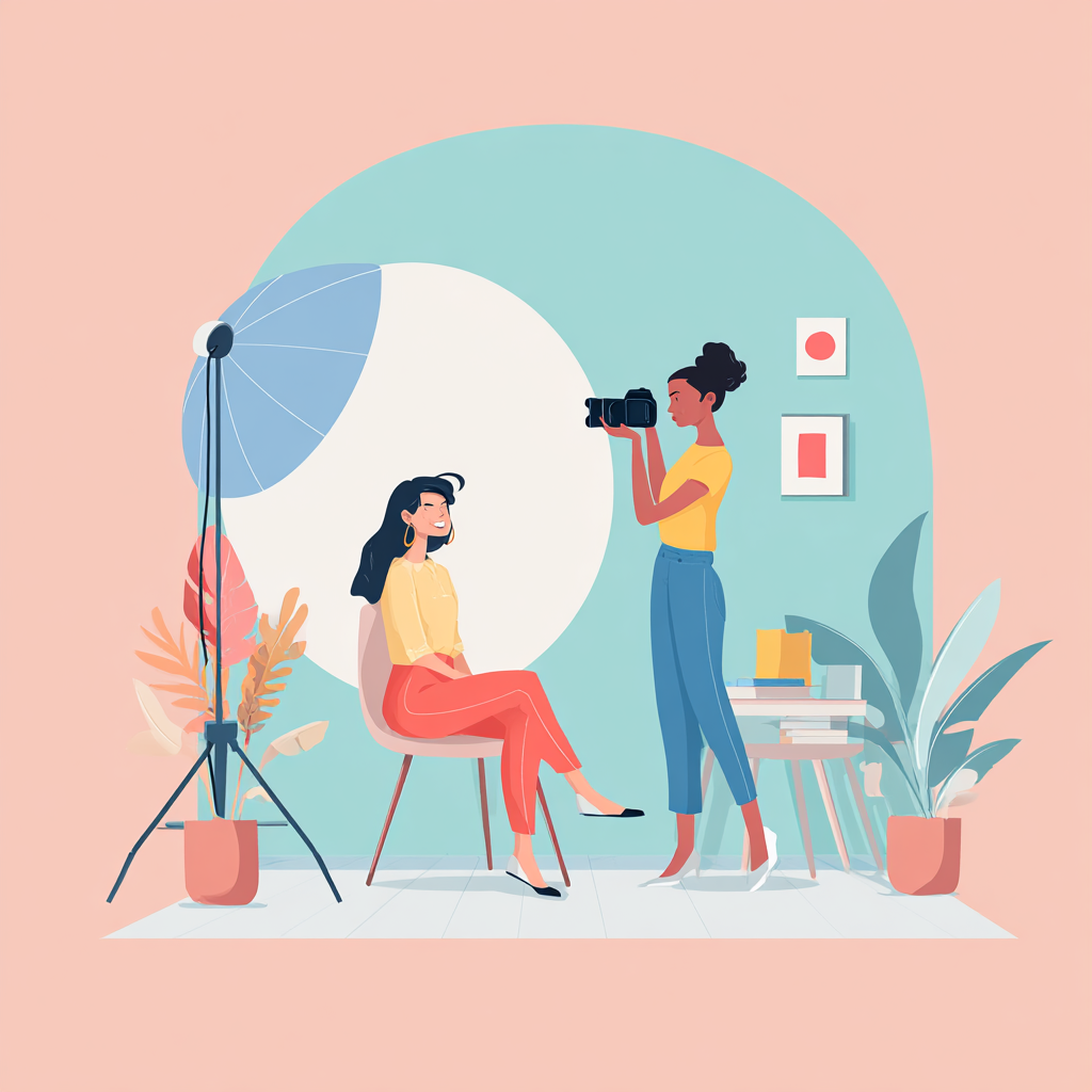 屋内のプロフィール写真撮影をイメージしたイラスト